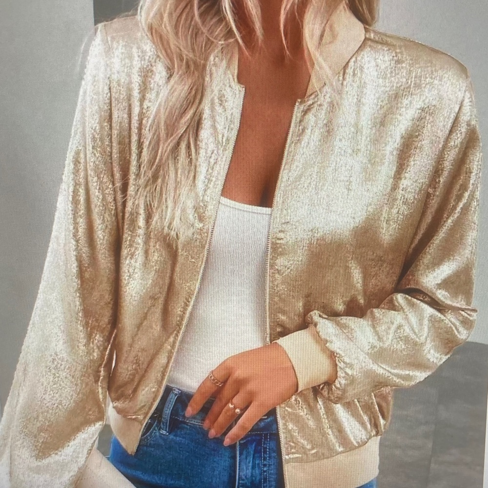 Metallic Gold Bomber Jacket - Women's Shiny Lightweight Coat - Picture 2 of 4